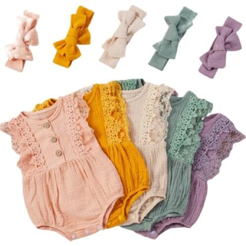 0-12M 5 Colors Newborn Baby Girls Clothes Sleeveless Lace Button Cotton Linen Romper Jumpsuit Headband Toddler Clothes Outfits
