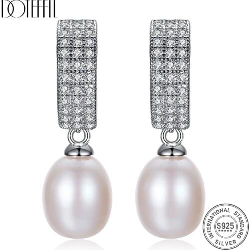 DOTEFFIL White/Pink/Purple 10mm Pearl 925 Sterling Silver AAA Zircon Earrings For Women Wedding Engagement Charm Jewelry