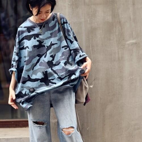MICOCO T6952C Art made old washable cotton oversize personality ripped hole loose round neck T-shirt