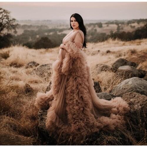 Custom Made Any Color Tulle Maternity Dresses Long Sleeves Sheer See Through With Train Ruffles Flares Sexy Plus Size Pregnancy