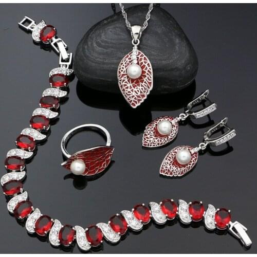 925 Sterling Silver Enamel Jewelry Set for Women Pearl Ring Red Leaf Earring Pendant Chain Cubic Zirconia Bracelet