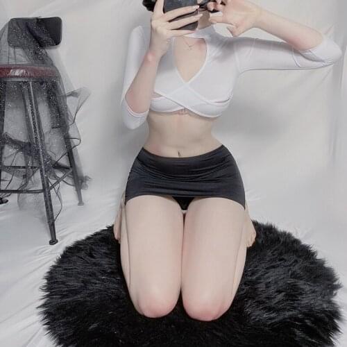 Sexy Lingerie Womens Office Lady Cosplay Costumes 3Pcs Erotic Uniform Set Short Top and Skirt with Hollow Design College Outfit