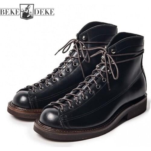 Top Quality Handmade 100% Genuine Leather Motorcycle Boots Men Lace Up Round Toe High Top Work Shoes Male Platform Ankle Boots