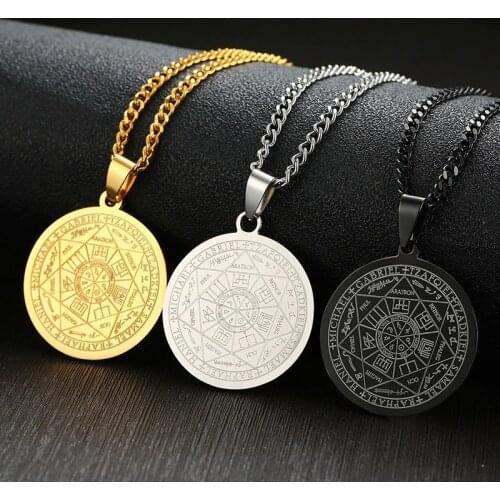 Punk Mens The Seal of The Seven Archangels Necklaces Male Stainless Steel Male Pendant with Free Chain 24"