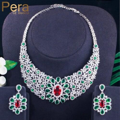 Pera Noble Green Red Cubic Zirconia Luxury Big Flower Drop Wedding Statement Earrings and Necklace Jewelry Set for Brides J369