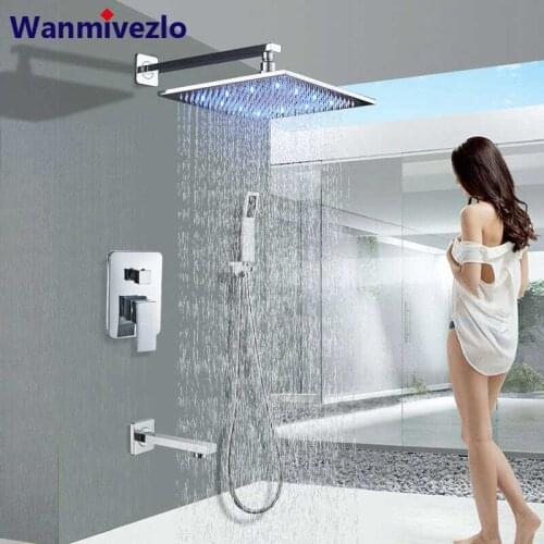 Wall Mount Bathroom Rain Shower Faucets Set Concealed LED Light Chrome Shower System Bathtub Shower Mixer Faucet Tap Mixer Valve
