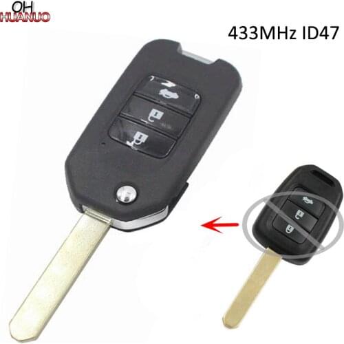 Upgraded Foding Remote Key Fob 3B 433MHz ID47 Chip for Honda CRV XRV Fit Civic City B-RV Accord