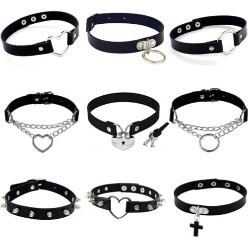 New Punk Rock Gothic PU Leather Heart Round Spike Rivet Collar Studded Choker Necklace Body Jewelry Birthday Party Gift