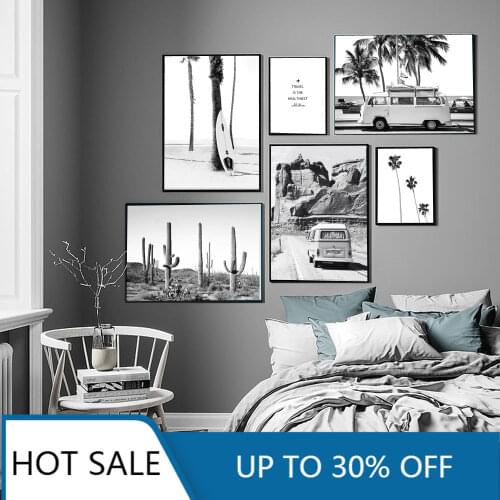 Beach Tropical Landscape Wall Art Canvas Painting Posters Prints Palm Beach Surf Black and White Photography Wall Decor