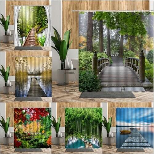 3D Summer Landscape Shower Curtain Bridge Plant Forest Scenery Bath Screen Living Room Hanging Cloth Bathroom Curtain Home Decor