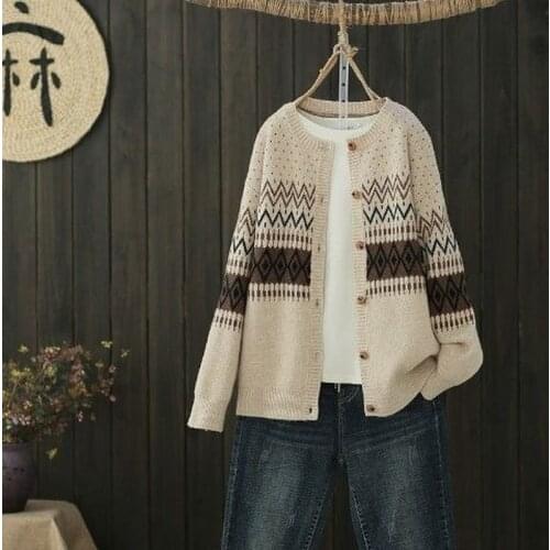 Retro jacquard knitted cardigan womens 2021 spring and autumn fashion new loose single-breasted round neck sweater jacket