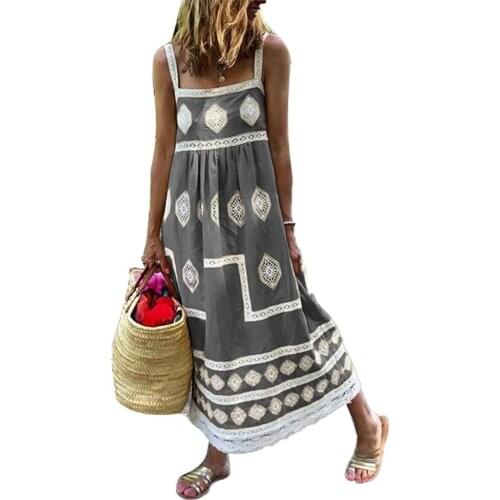 Women Dresses Vintage Summer Sleeveless Square Collar Rhombus Print Large Hem Beach Long Sling Dress Plus Size платья для женщин