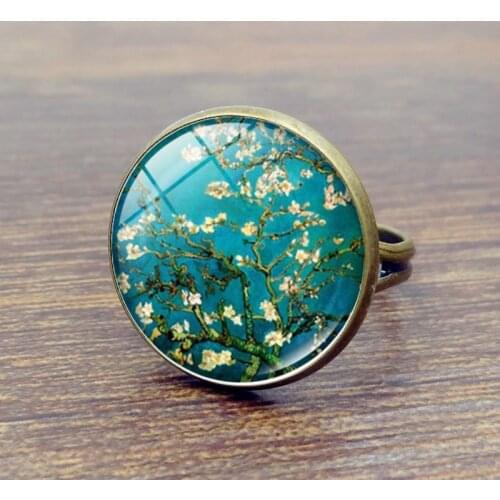 Van Gogh Sunflower Art Painting Adjustable Ring Romantic Flowers Glass Cabochon Rings Resizable Round Handmade Jewelry for Women