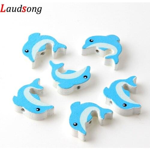 30pcs 17x20mm Dolphin Shape DIY Wooden Beads For Jewelry Making Necklace