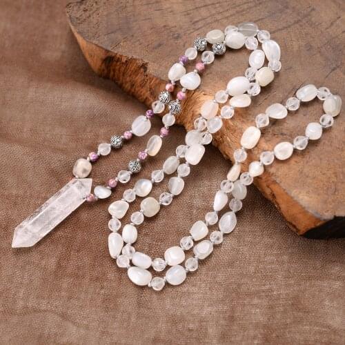 Clear Crystal Hexagon Pendant White Moon Stones Handmade Knotted Beaded Long Necklace
