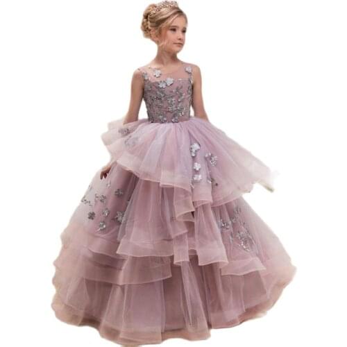 Purple Flower Girl Dresses Cute Lace flowers Tulle Formal Long Special Occasion Pageant Gowns For Girls Dress 2020