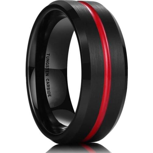 8mm Fashion Men Rings Stainless Steel Red Brushed Groove Wedding Engagement Bands For Men Birthday Gift Jewelry