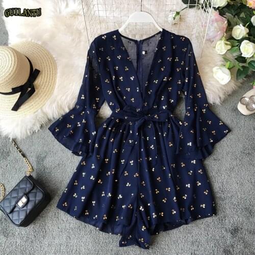 Fashion Elegant Sexy Bohemian Short Jumpsuit Women Chiffon Print Bandage Red Playsuit Female Casual Beach Wide Leg Party Romper