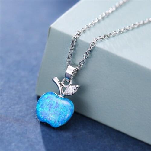 Creative Apple Pendants White Blue Opal Necklaces For Women Fashion Jewelry Vintage Silver Color Chain Necklace Christmas Gifts