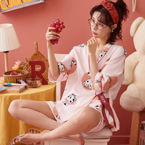 Summer Pajamas Set Women Kimono 100% Cotton Sleepwear V-Neck Sexy Nightwear Large Size Cardigan Short Sleeve Shorts Home Service