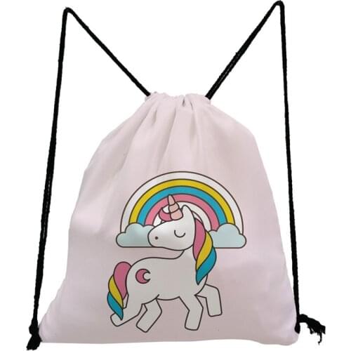 Lovely Fashion Backpack Ropes Rainbow Unicorn Printed Drawstring Pocket Cartoon Unisex Shoe Bag To School Portable Storage Bag
