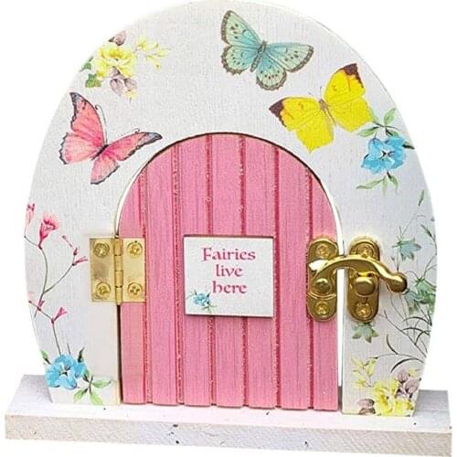 Mini Arch Hand Made Cute Pink Fairy Door Mouse Hole, Miniature Wooden Door with Bunting and Personalised Sign Post #M21