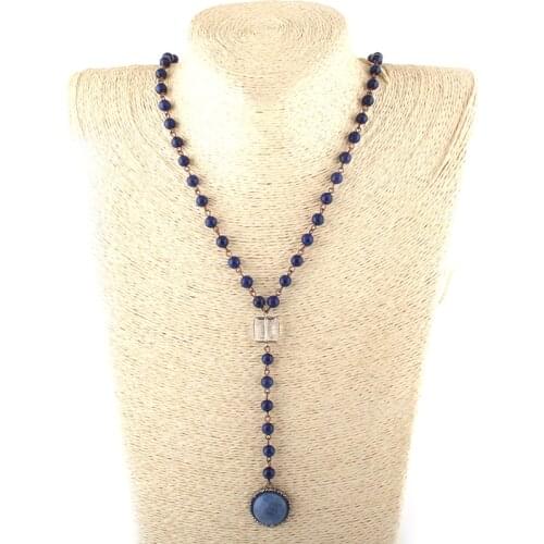 Fashion Bohemian Jewelry 6mm Stone Rosary Chain Crystal Link and Pendant Necklaces Women Ethnic Necklace