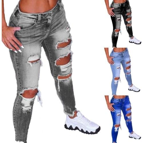Fashion Women Jeans Low Waist Hip Lift Ripped Holes Skinny Denim Pencil Pants Trousers for Work