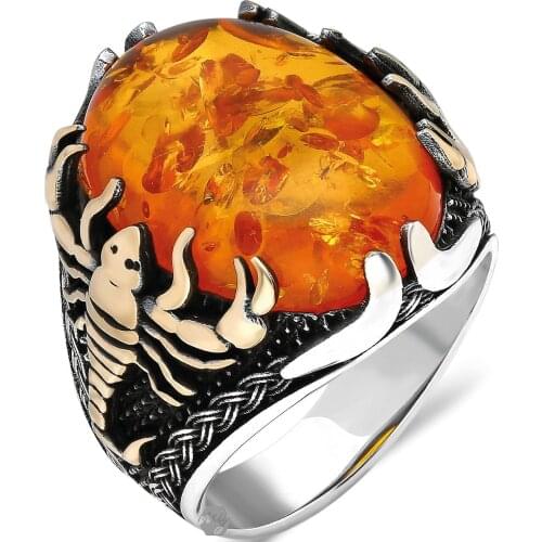 Solid 925 Sterling Silver Baltic Amber Stone Scorpion Figure Mens Ring