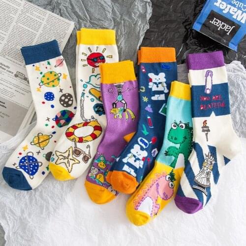 PEONFLY Women Socks Funny Cute Cartoon Dinosaur Rabbit Happy Socks Casual Creative Japanese Harajuku Skateboard Cotton Socks