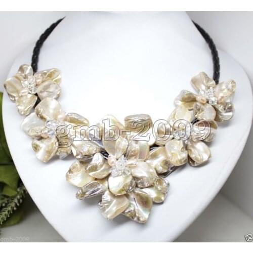Handmade White Real Shell Flower Pearl Crydtal Black Leather Bib Necklace 18"