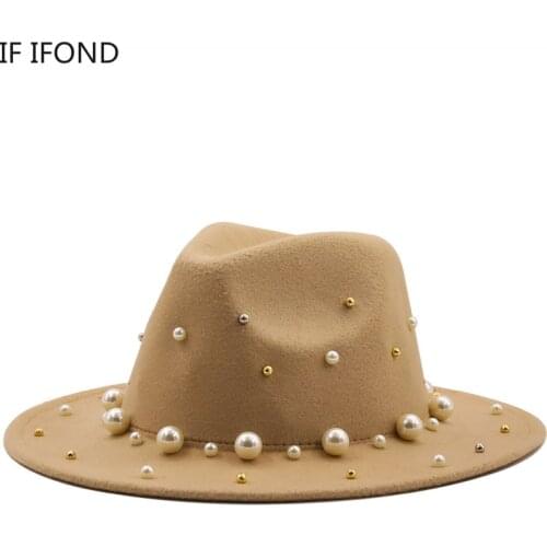 2022 Autumn Winter Wide Brim Felted Jazz Cap Hand made Pearl Wool Top Fedora Hat Fashion Chapeau Femme