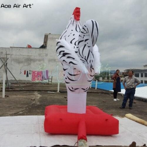 Advertise animal model inflatable rooster 3m H free standing cock with black stripes and base for France