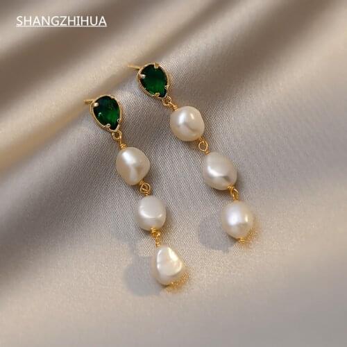 SHANGZHIHUA Luxury crystal long baroque pearl tassel earrings for women 2021 new trend simple exquisite jewelry gift