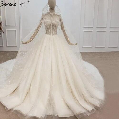 Serene Hill Dubai Luxury Champagne Sequins Sexy Wedding Dress 2020 Sleeveless With Cloak Veil Bridal Gown Custom Made CHX0160