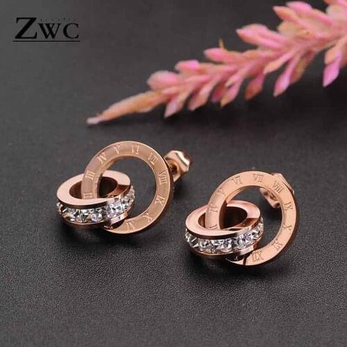 ZWC Fashion Stainless Steel Roman Numeral Stud Earrings for Women Girls Party Personality Zircon Double Circle Earrings Jewelry