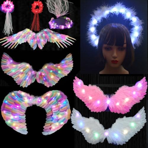 Light Glow LED Feather Wings Angel Elf Wing Cotume Girl Gift Christmas Flower Wreath Halo Magic Wands Party Home Wedding Decor