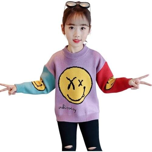 Girl Sweater Autumn Winter Kids Girls Smiley Pattern Knitted Sweater Pullover Tops Children Clothes for Girls 6 8 12 13 14 Years