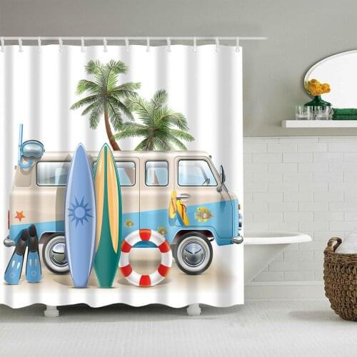 Cartoon Tropical Beach Bus Surfboard Shower Curtain Bath Accessories with 12 Hooks Waterproof Polyester Fabric Bathroom Decor