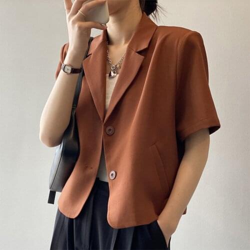 Korean Style Elegant Short Sleeve Blazer for Women Two Buttons Solid Thin Summer Jacket Black Suits Short Coat Office Ladies
