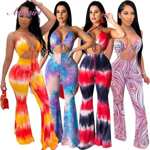 Adogirl Sexy Bandage Tie Dye Print Womens Halter Neck Jumpsuit Summer Female Sleeveless Hollow Out Flares Jumpsuits Rompers