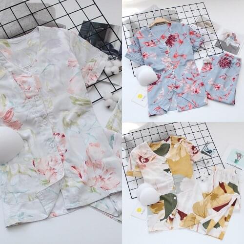 2021 Summer New Ladies V-neck Cardigan+pants Pajamas Set Printed Women Comfort Sleepwear Soft Thin Homewear with Chest Pad