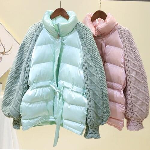 2021 Winter Fashion Knitted Lantern Sleeve Coat Women Down Cotton Jacket Casual Stand Collar Windproof Warm Female Loose Outwear