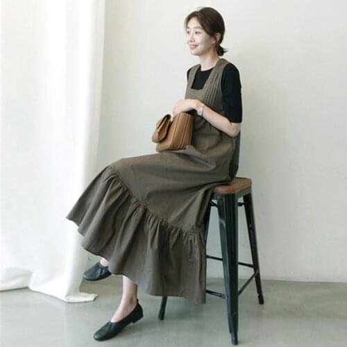 Johnature 2021 New Women Clothing Korean Dresses Summer Sleeveless Loose Solid Color Adjustable Ruffles Female Dress
