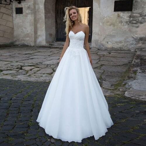 Vestido De Noiva Strapless White A-Line 2080 Organza Wedding Dress Corset Lace Applique Bridal Gowns