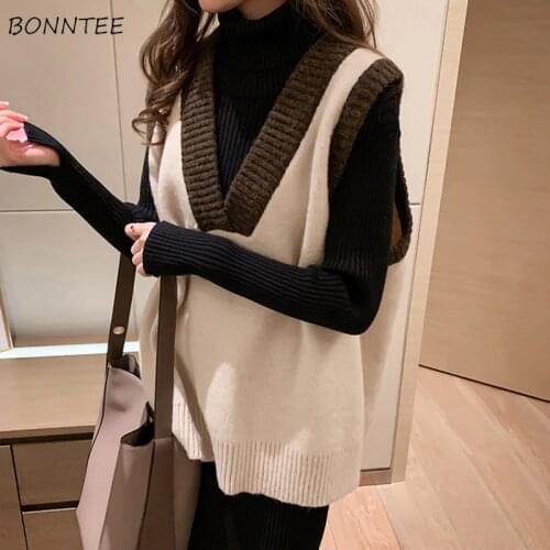 Vests Women Patchwork Korean Style High Quality Knitted All-match Students Retro Pullover Leisure Womens Sweater Vest Large Size
