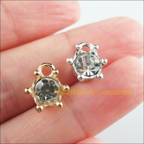 18Pcs Retro Gold Tibetan Silver Tone Crown Clear Crystal Charms Pendants 11x13.5mm