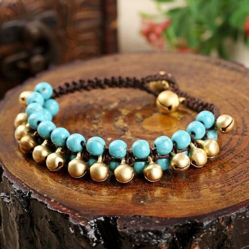Bohemian Ethnic Style Semi-precious Stone Bell Retro Female Bracelet Wax Rope Hand-woven Beach Style Creative Female Bangle