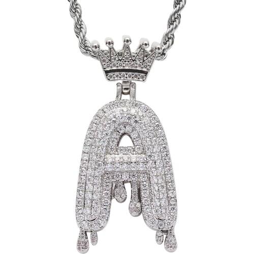 Crown Letter Pendant Gold Hip Hop Iced Out Bling Rope Necklace Trendy Rapper Jewelry Cubic Zirconia MSNP0292P