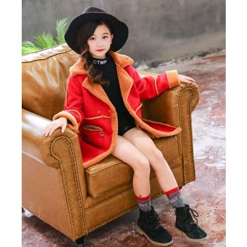 Childrens coat girl woollen coat thick deerskin suede patchwork coat winter